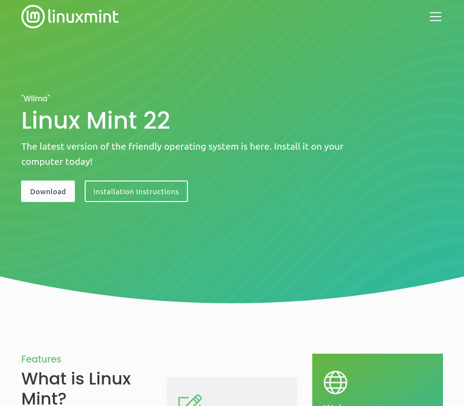 A screenshot of Linux Mint's front website, where you can download the OS and view community resources.