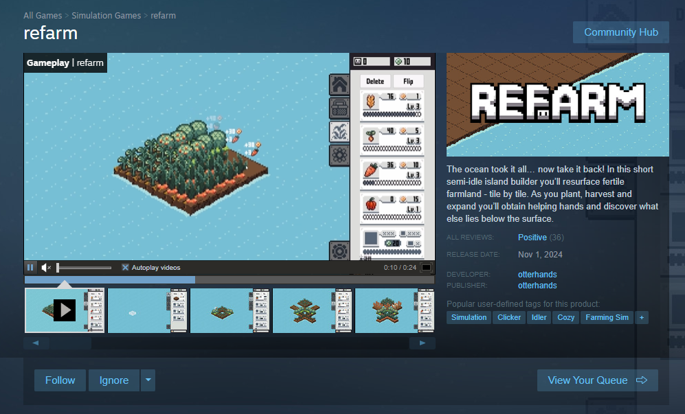 The Steam store page for the game Refarm.